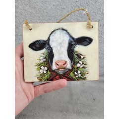 Hobby Lobby Christmas Cow Wreath Wood Sign Farmhouse Holiday Wall Decor 3.5×4.5