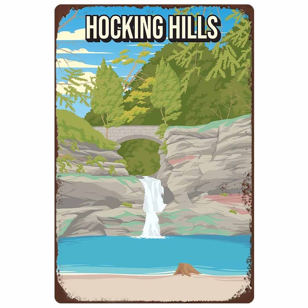 Hocking Hills Waterfall Forest Landscape Metal Sign Cabin Lodge Rustic Decor