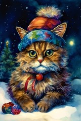 Vintage Cat Snow Hat Bells Holiday Metal Wall Art Sign Home Decor 8×12 medium