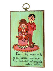 Vtg Ben Franklin Hand Painted Hanging Wood Sign Eyes Wide Open Before Marriage