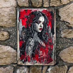 Gothic Tattoo Pinup Girl Metal Wall Sign 8×12 Red Rose Urban Art