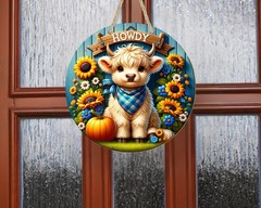 Highland Cow Wreath Aluminum Door Sign Fall Decor Rustic Charm Outdoor