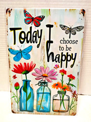 Butterfly Happiness Quote Metal Tin Sign 8 x 12 Floral Blue Orange Wall Decor
