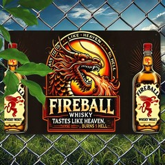 Vintage “Fireball Whiskey” Metal Tin Signs- 8″x12″ Rustic Wall Art with Booming