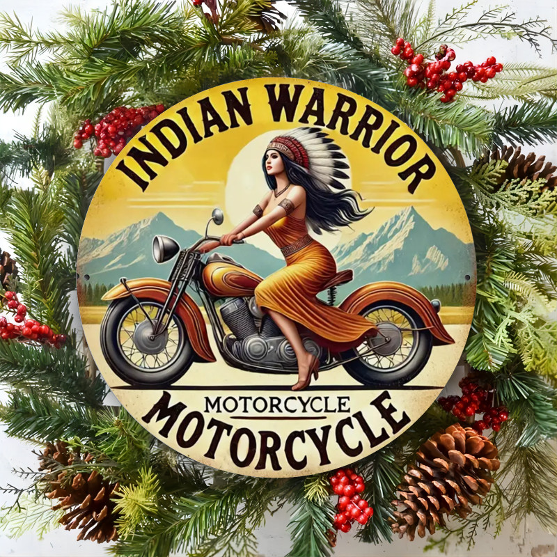 Vintage Indian Warrior Motorcycle Tin Metal Signs 8×8 Inch Round Iron Wall Deco