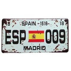 Vintage Spain Madrid License Plate Metal Tin Sign Flag Travel Wall Garage Decor