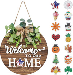 Interchangeable Seasonal Welcome Sign Front Door Decoration, Rustic round Wood W