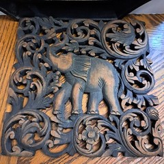 Wood Carved Elephant Wall Plaque 12” x 12”