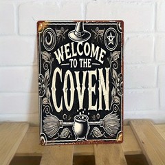 Vintage ‘Welcome to the Coven’ Tin Metal Signs – 8×12 Inch Iron Wall Art with Wi