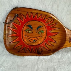 Spanish Traditional Hand-Painted Rustic Wood Spoon Artwork, 1970s wall decor
