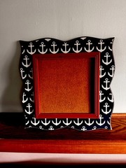 Nautical Themed Framed Square Corkboard Blue W/White Anchors and Red Inner Frame