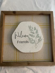 Welcome Friends Wooden Sign. Nature And Written On Stone