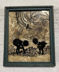 Vintage Glass Hand Painted Silhouette W/Dried Plants Of Boy/Girl Picking Flowers