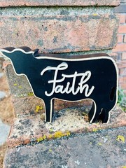 Faith Distressed Black Cow Farmhouse Shelf Sitter NEW