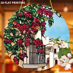 Mediterranean Balcony Red Bougainvillea White Florals Acrylic Suncatcher Decor