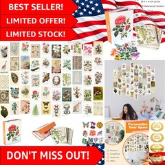 Charming Vintage Wall Decor Collage Set – 50 Botanical Art Cards, 4×6 Inch