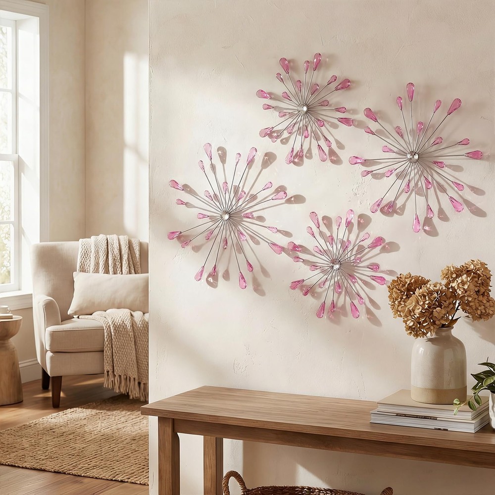 4 Pcs Pink Starburst Wall Decor Metal Bling Wall Art Crystal Accents 3D Moder…