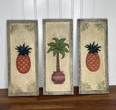 Set Of 3 Tropical Palm Tree Pineapple 3D Wall Art Plaques Beach House Ocean