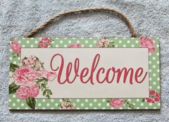 FLORAL WELCOME SIGN, Garden Polka Dot Art, 12” x 6” Wood Wall Hanging Décor