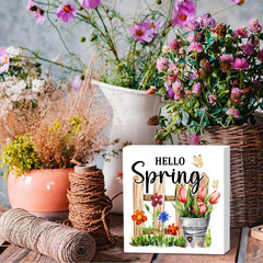Hello Spring Wood Block Sign,Spring Floral Quote Desk Decor,Spring Themed Wood P