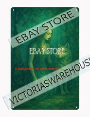 Fairy with wolf guardian tin sign mystical forest fantasy wall art