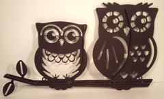 Metal Owl Duo Wall Decor Stencil Style Flat Rustic Brown Turquoise Patina 18×10
