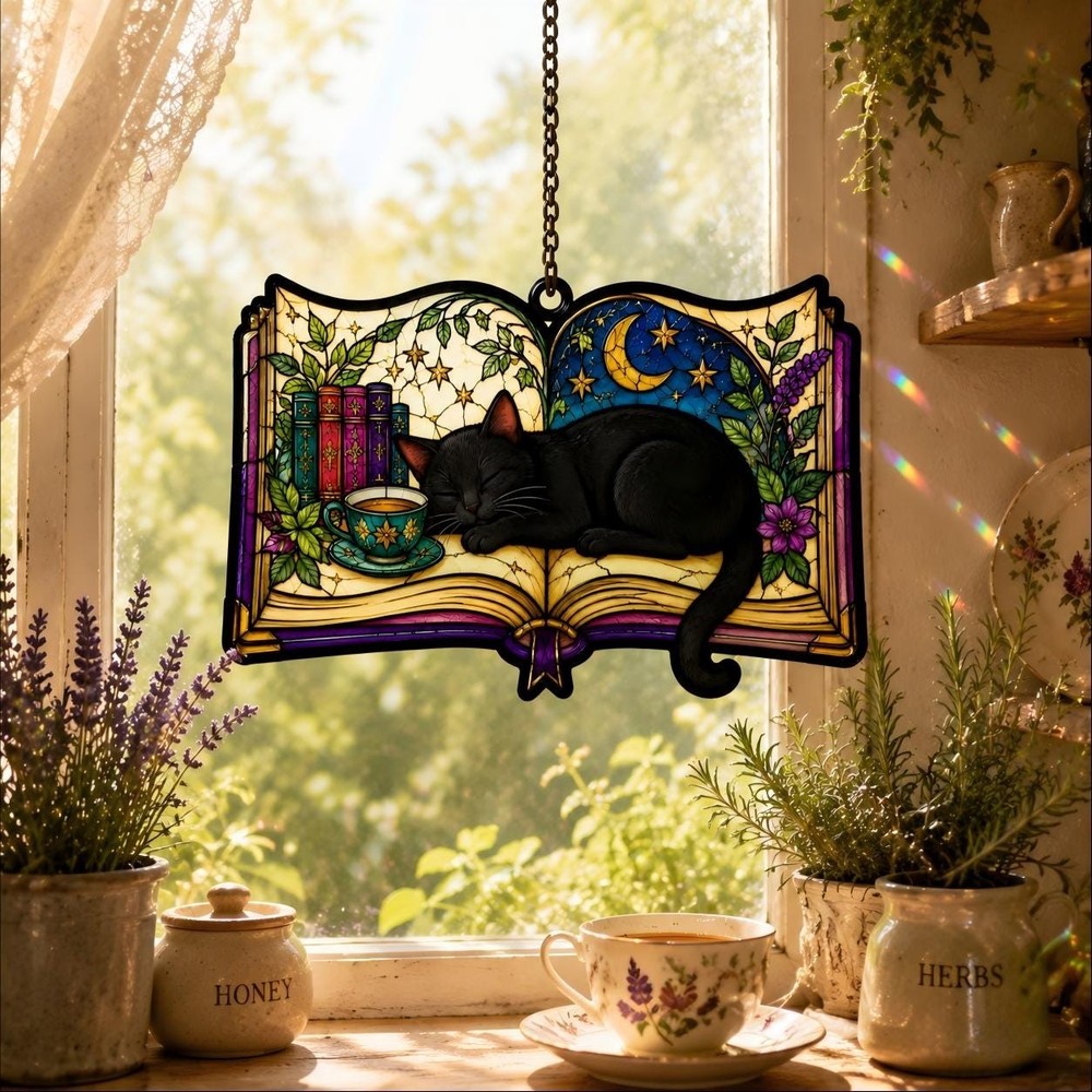 Black Cat & Moon Acrylic Suncatcher – Celestial Witchy Window Decor