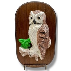 Vintage 3D Owl Wall Plaque Wood Grain Oval Base Woodland Decor Brown White 8″