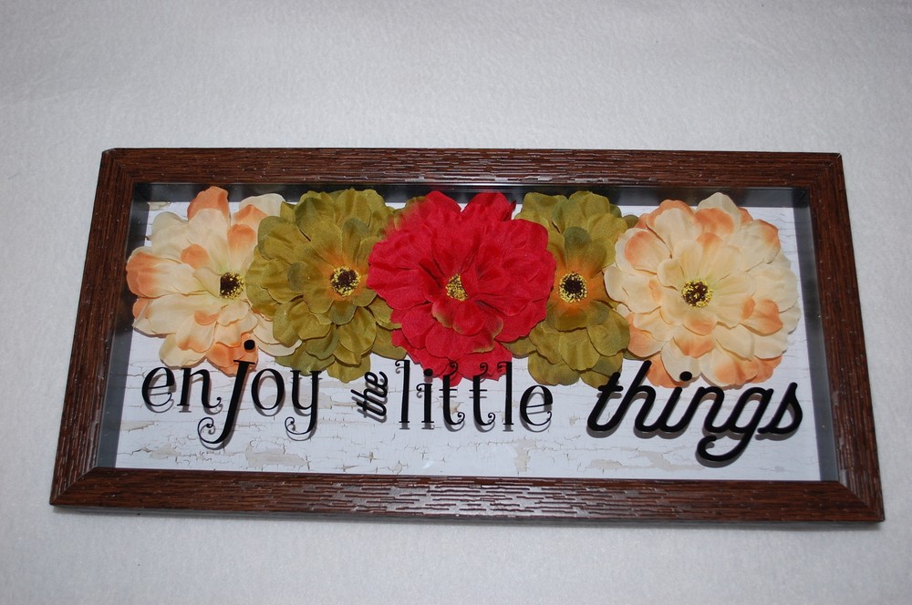 SHADOW BOX ART Pretty Flowers ENJOY THE LITTLE THINGS Wall Hanging 7x15x1.5