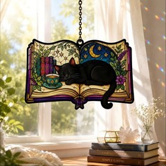 Black Cat & Moon Acrylic Suncatcher – Celestial Witchy Window Decor