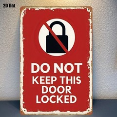 Vintage red distressed metal sign with no-lock symbol door safety warning decor