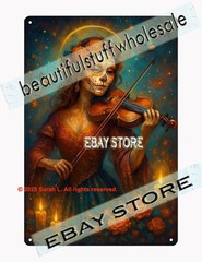 Sugar Skull Violin Candle Tin Sign Mystic Fantasy Art