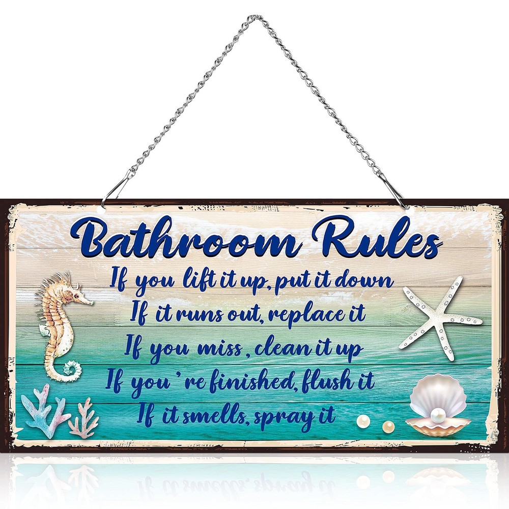 Seashell Bathroom Rules Decor Signs Wall Ocean Theme Beach Seashell Starfish