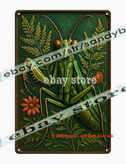 Green Praying Mantis Tin Sign 3D Effect Botanical Insect Art