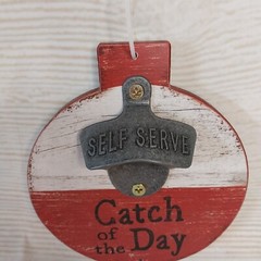 New! “Catch of the Day” Bottle Opener Sign Fishing Bobber Wood Decor Lake Fish .