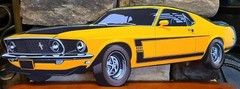 1970 Ford Yellow Mustang Boss 302 Fastback Metal Sign Embossed Car Shape 21″