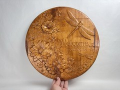 Dragonfly & Flowers 3D Wood Carving Hanging Front Door Sign Welcome To Our Home
