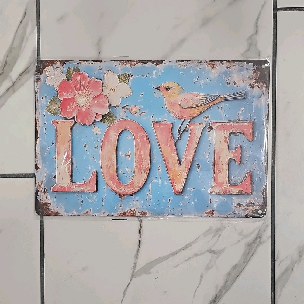 Metal Plaque Love Bird Floral Decorative Sign 8x12in Painted Wall Art