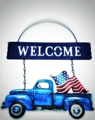 USA Truck Metal WELCOME Wreath SIGN Flag America 4th July Rustic Farmhouse