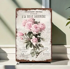 Vintage Metal Sign French Country Floral Rose LA BELLE JARDINIERE 8 x 12