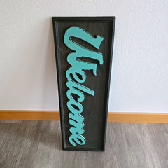 Vertical Wooden Welcome Sign – Black & Blue Lettering, Rustic Rectangle Decor