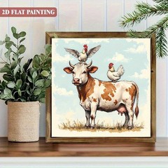 Spotted Cow With Two Chickens Farm Animal Wooden Plaque Rustic Country Decor