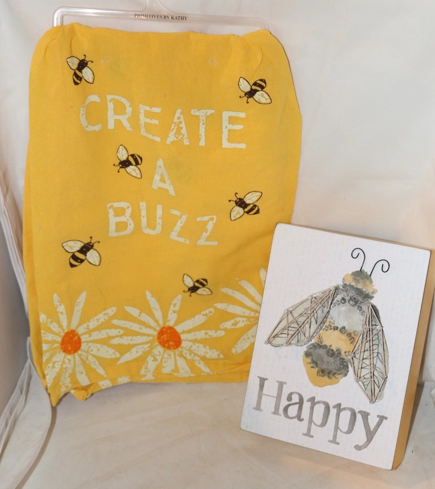 AS IS Primitives by Kathy Bee Theme Happy String Art Box Sign Dish Towel Set