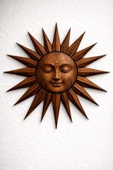 Rustic Wooden Sunburst Sculpture Hand Carved Teak Sun Face Wall Art Spiritual