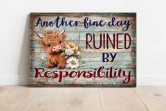 Cute Highland Cow Another Fine Day Ruined 9″ x 12″ Metal Wall Door Wreath SIGN