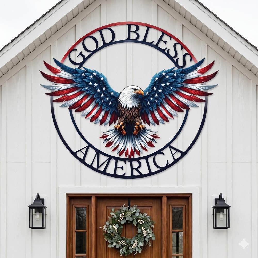 God Bless America Eagle Metal Sign, Patriotic USA Wall Decor, Christian Gift