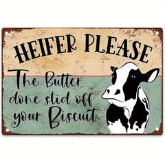 Funny Cow Farm Metal Sign “Heifer Please” Rustic Teal 8×12 Wall Decor