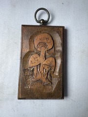 VTG Chiseled Wood Mushroom Plaque Carved Wall Hanging MCM 5.5” X 3.5”