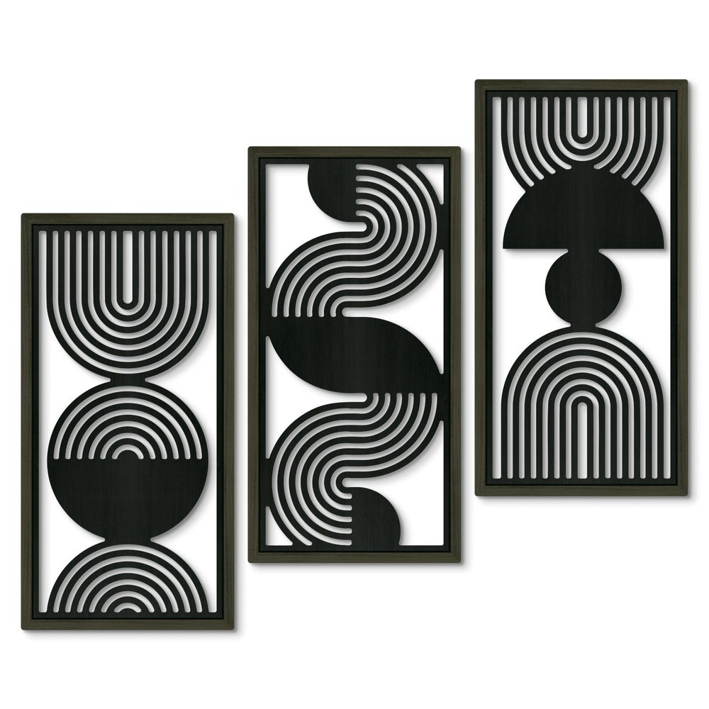 Modern Minimalist Wall Art Set of 3, Black and Gray MDF Cut-Out Geometric Lin…