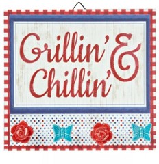 Pioneer Woman Grillin & Chillin Colorful Sign with 4 Ceramic Knobs Hangers New